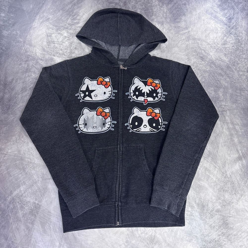 KISS x Hello Kitty Hoodie Womens Small Charcoal Full Zip Front Back Graphic